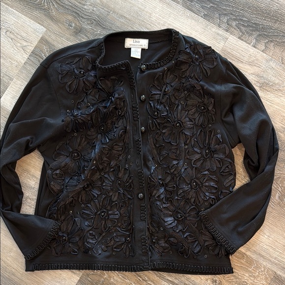 Lisa International Black Floral Embroidered Cardigan sz l - Picture 1 of 5